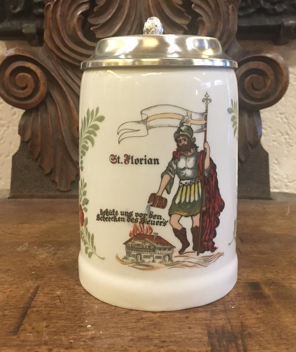 Tankard with pewter lid - fire departmend - St. Florian